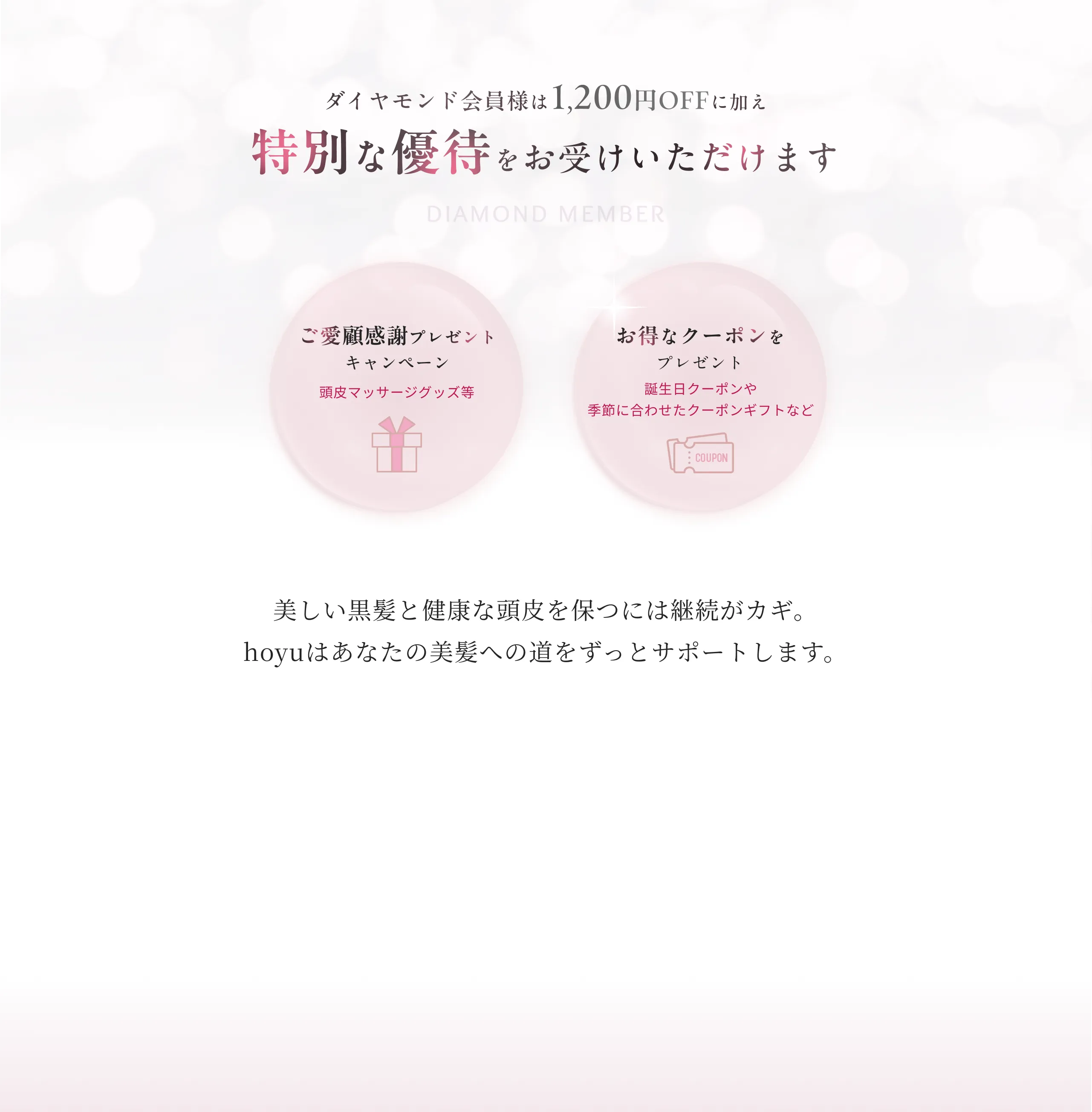 ダイヤモンド会員様は1,200円OFFに加え、特別な優待をお受けいただけます。ご愛顧感謝プレゼントキャンペーン 頭皮マッサージグッズ等、お得なクーポンをプレゼント 誕生日クーポンや季節に合わせたクーポンギフトなど 美しい黒髪と健康な頭皮を保つには継続がカギ。hoyuはあなたの美髪への道をずっとサポートします。
