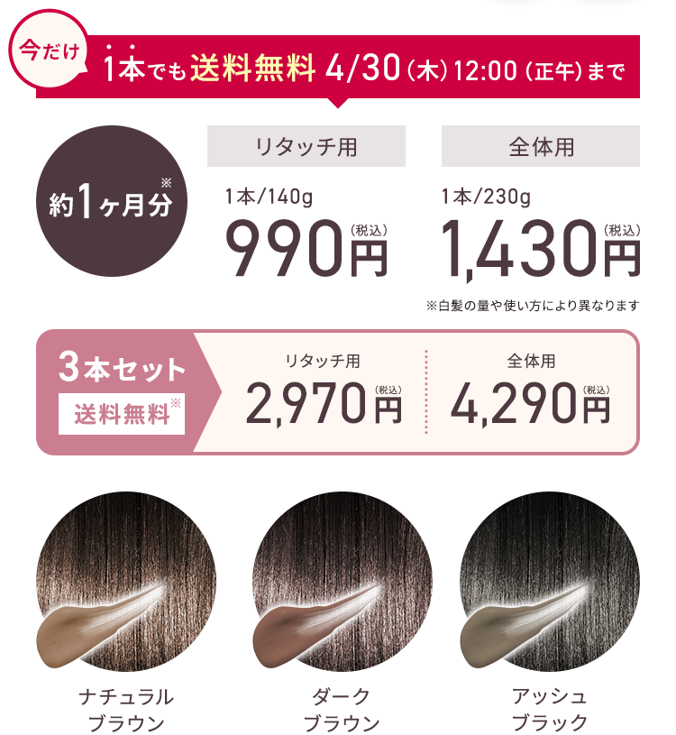 今だけ 1本でも送料無料 4/30（木）12:00（正午）まで 約1ヶ月分 リタッチ用 1本/140g 990円（税込） 全体用 1本/230g 1,430円（税込） ※白髪の量や使い方により異なります 3本セット 送料無料 リタッチ用 2,970円（税込） 全体用 4,290円（税込） ナチュラルブラウン ダークブラウン アッシュブラック