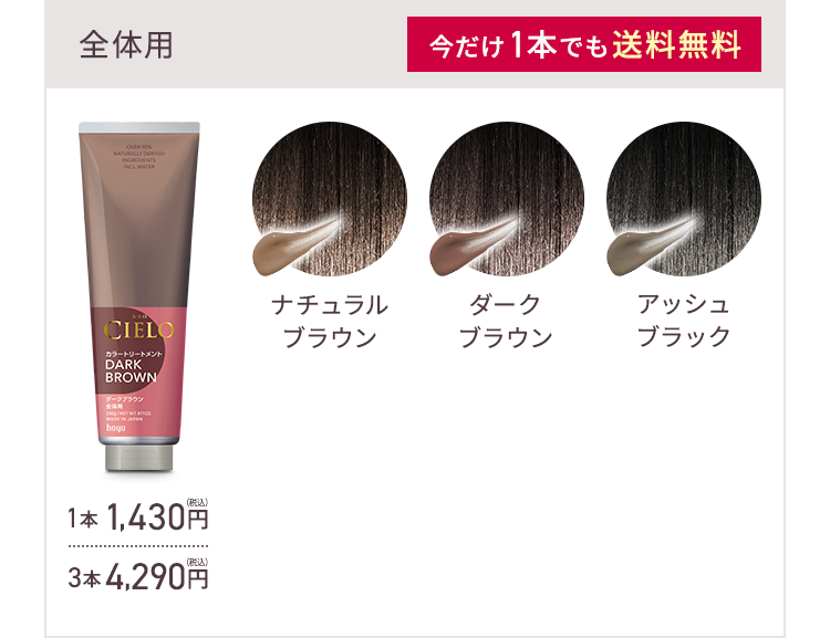 全体用 今だけ1本でも送料無料 ナチュラルブラウン ダークブラウン アッシュブラック 1本 1,430円（税込） 3本 4,290円（税込）